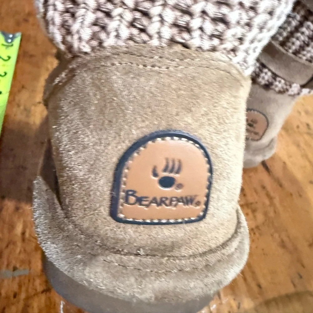 Bearpaw Boshie boots chestnut distressed suede knit back and buckle accents.